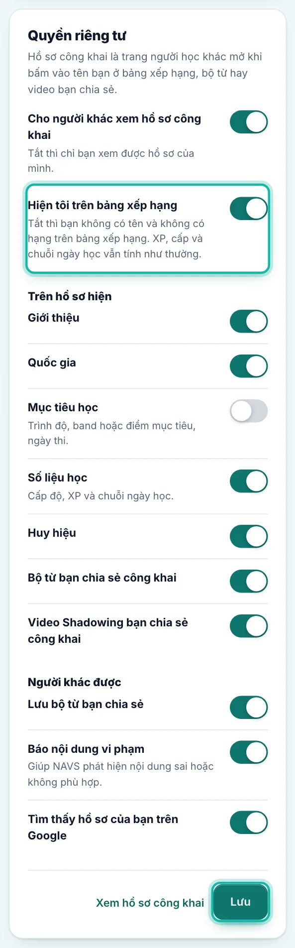 Công tắc Hiện tôi trên bảng xếp hạng được khoanh