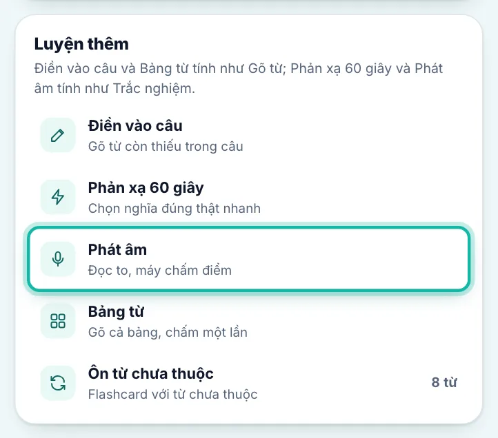 Phần Luyện thêm trên trang bộ từ, dòng Phát âm được khoanh