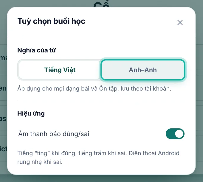 Hộp Tuỳ chọn buổi học, lựa chọn Anh–Anh được khoanh