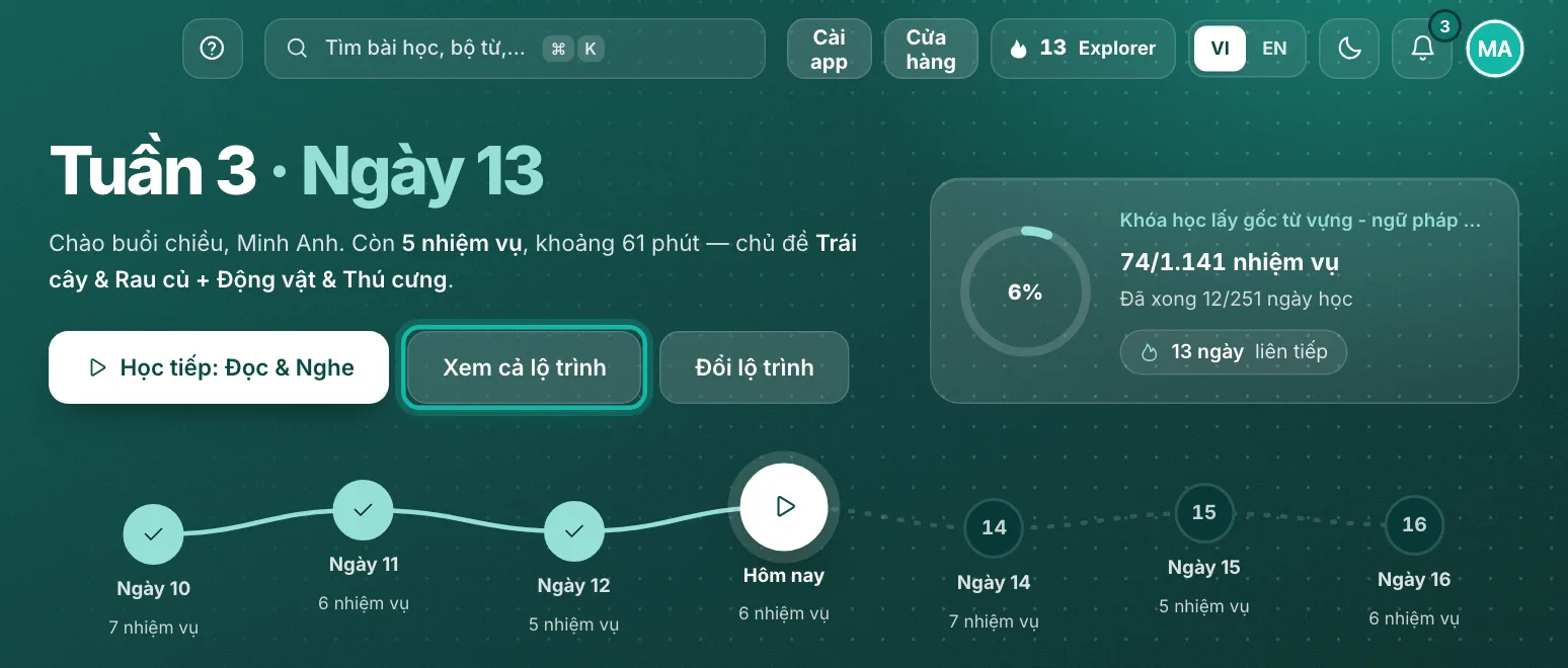 Phần đầu Home NAVS, nút Xem cả lộ trình được khoanh