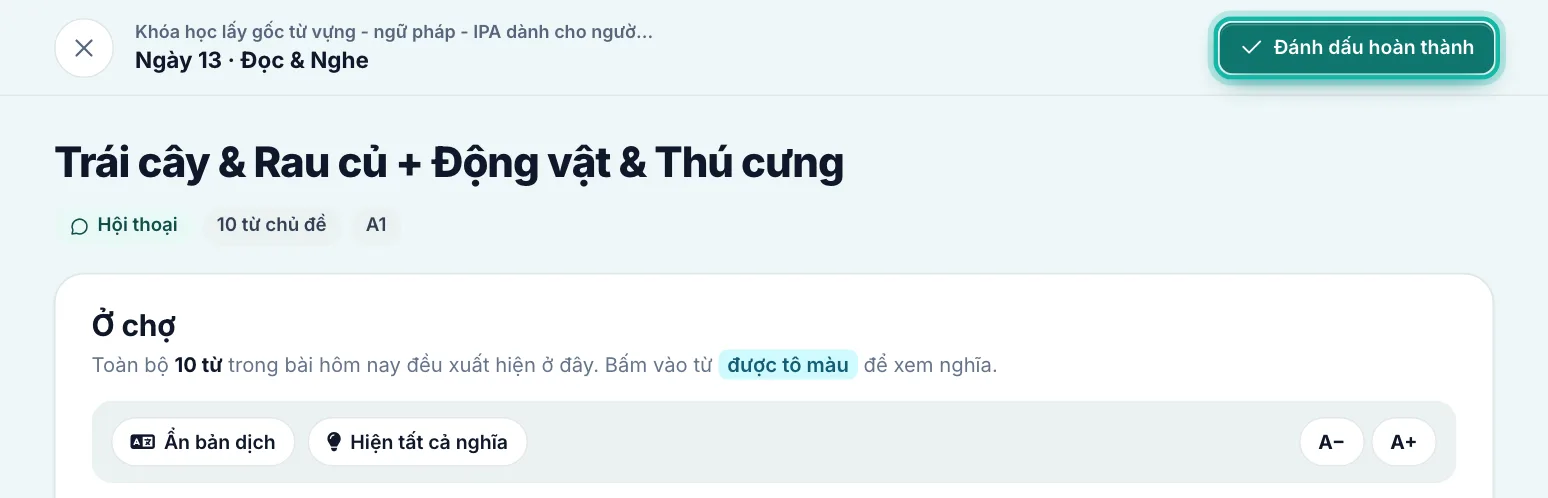 Trang nhiệm vụ Đọc & Nghe, nút Đánh dấu hoàn thành được khoanh