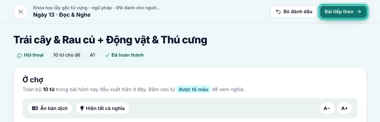 Trang nhiệm vụ đã đánh dấu xong, nút Bài tiếp theo được khoanh