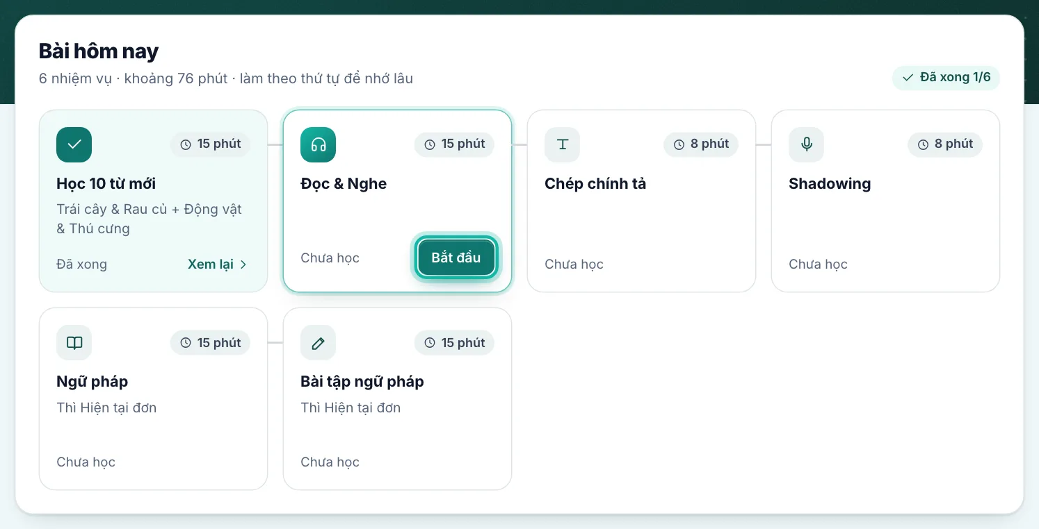 Khung Bài hôm nay, nút Bắt đầu của nhiệm vụ tiếp theo được khoanh