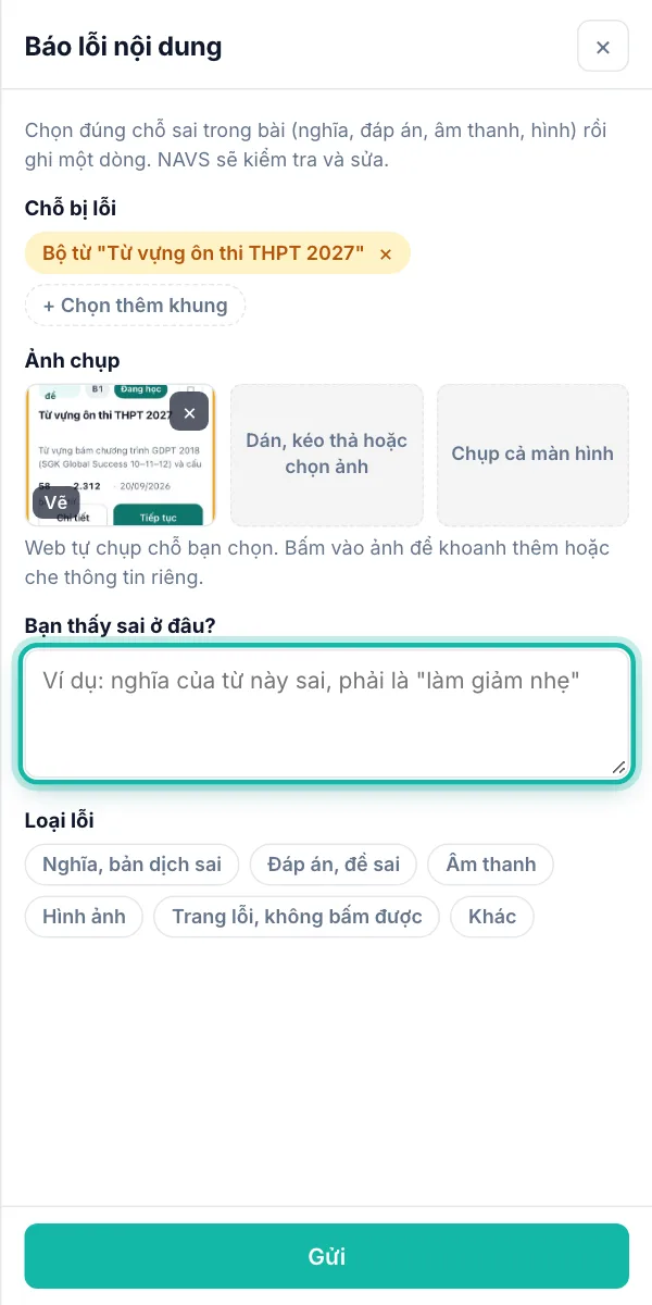 Ô Bạn thấy sai ở đâu? trong bảng Báo lỗi nội dung được khoanh