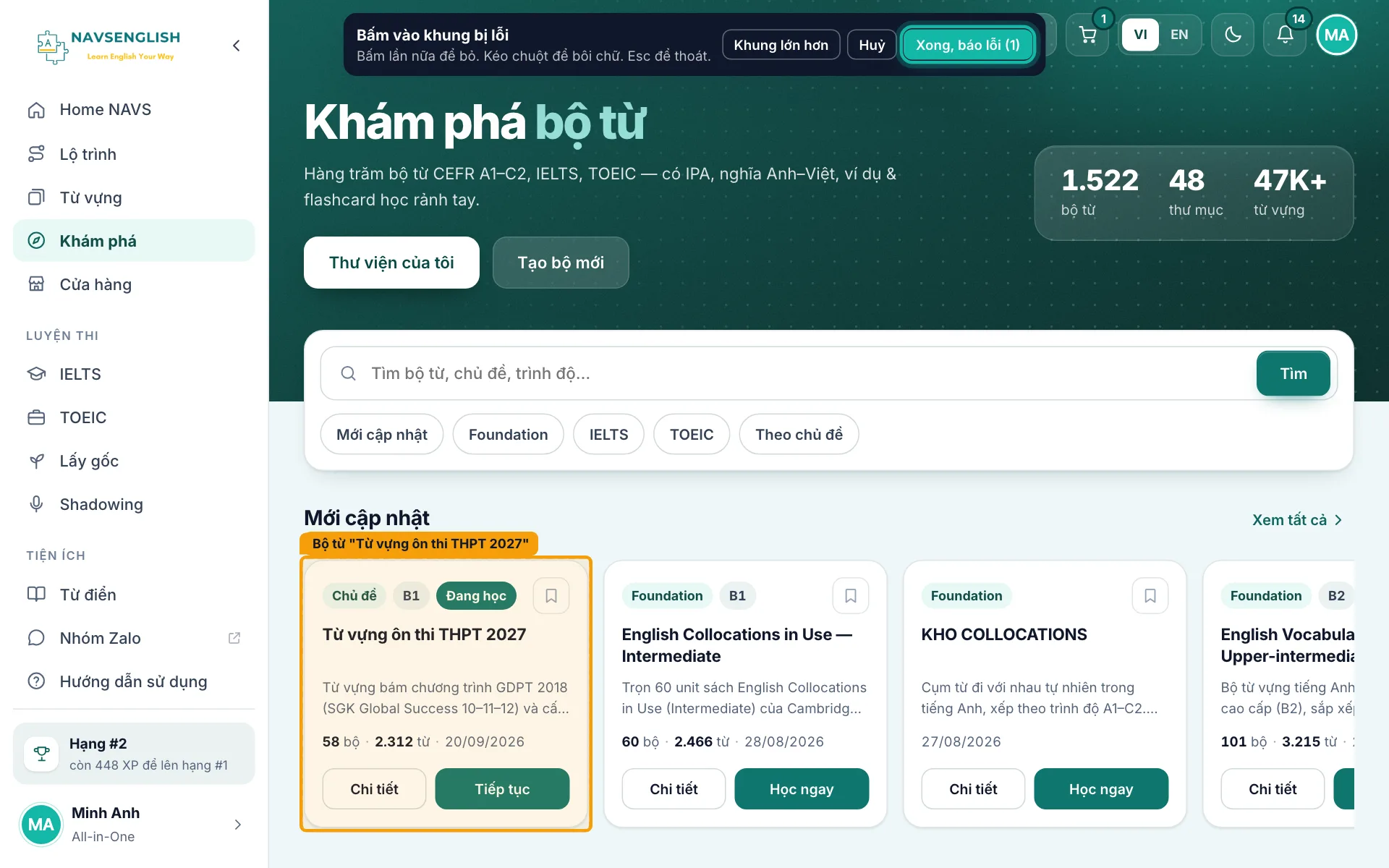 Nút Xong, báo lỗi trên thanh chọn được khoanh