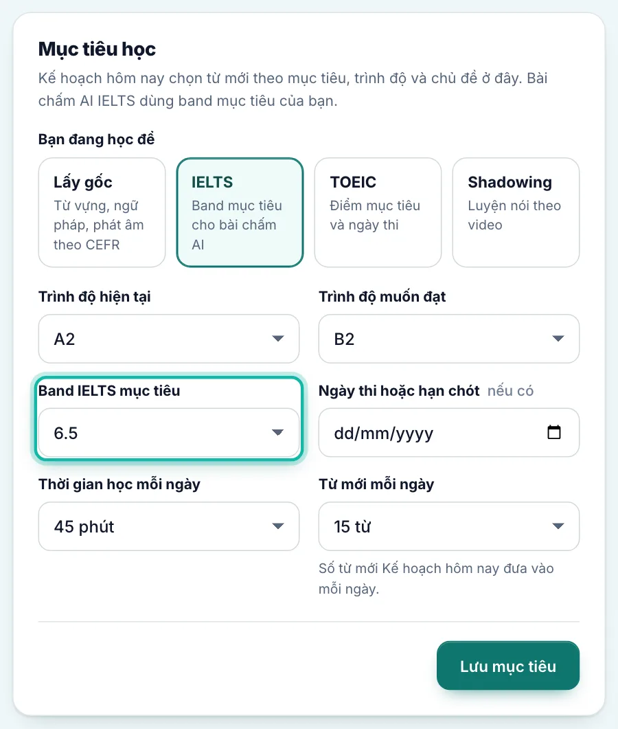 Khung Mục tiêu học đã chọn IELTS, ô Band IELTS mục tiêu được khoanh