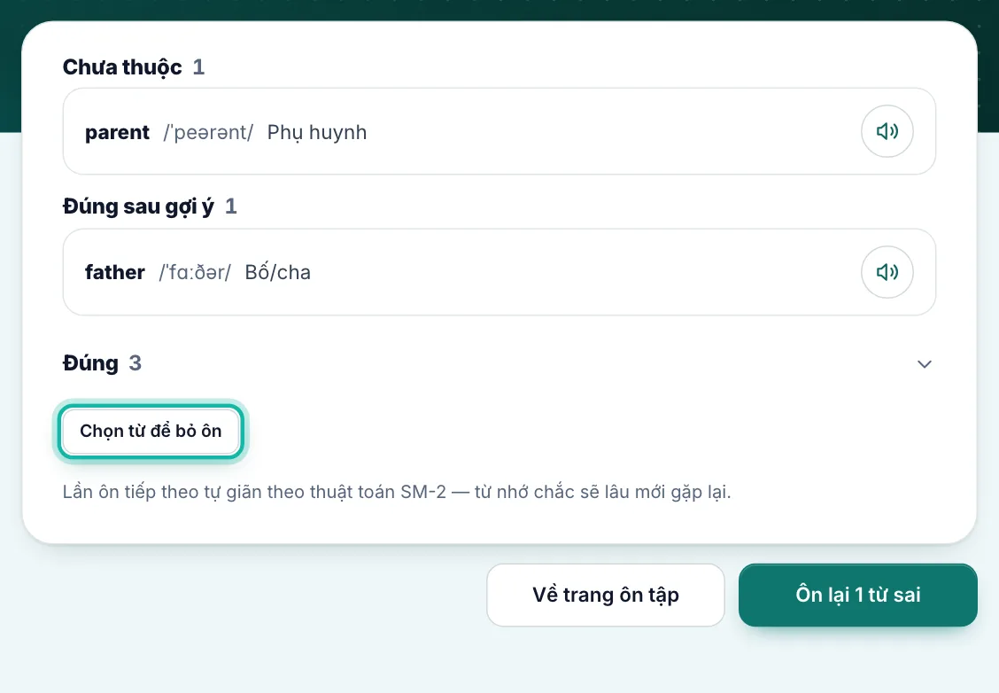 Màn Hoàn thành lượt ôn, nút Chọn từ để bỏ ôn được khoanh