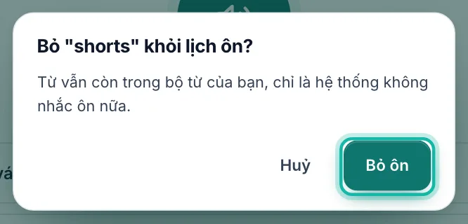 Hộp hỏi lại, nút Bỏ ôn được khoanh