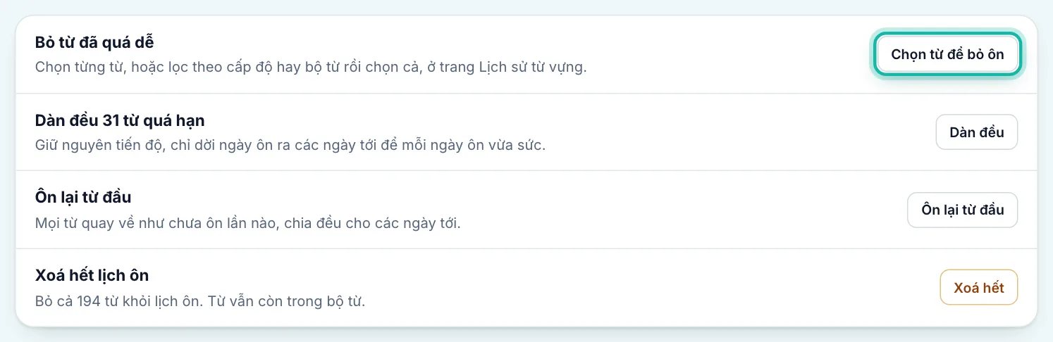 Khung Quản lý lịch ôn, nút Chọn từ để bỏ ôn được khoanh