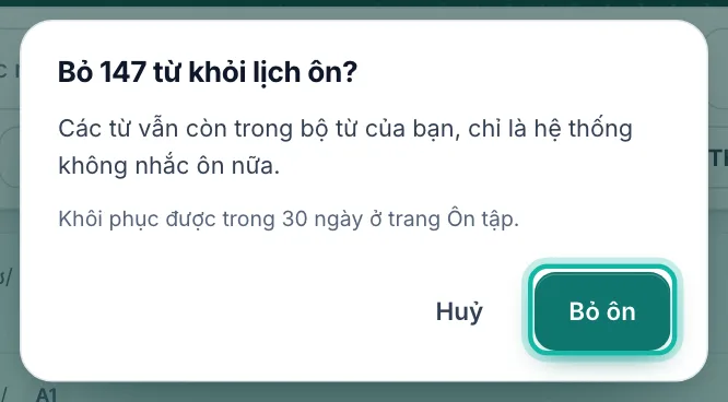 Hộp hỏi lại, nút Bỏ ôn được khoanh