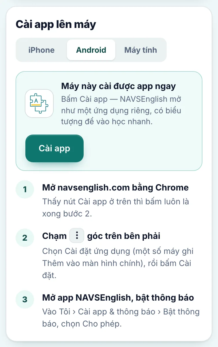 Hướng dẫn cài trên Android, có nút Cài app khi máy cài được ngay