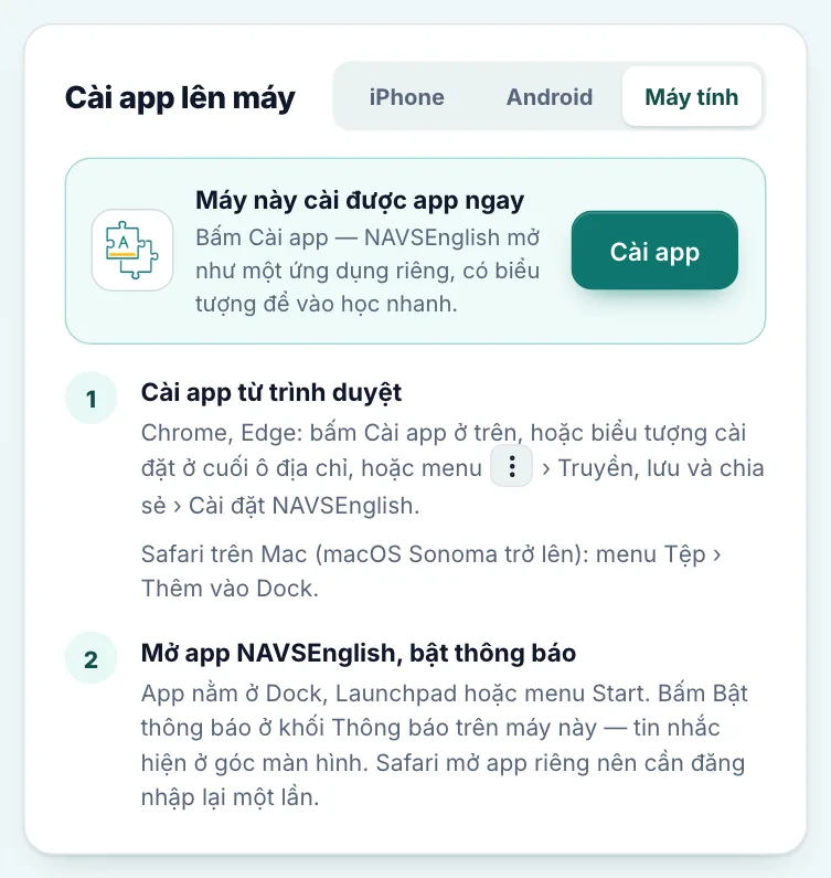 Hướng dẫn cài trên máy tính, có nút Cài app