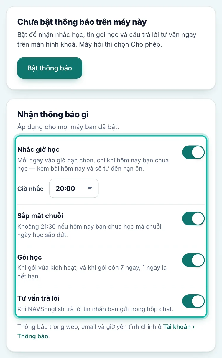 Danh sách loại tin và ô Giờ nhắc được khoanh