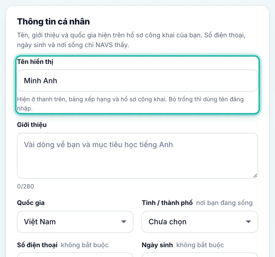 Ô Tên hiển thị được khoanh