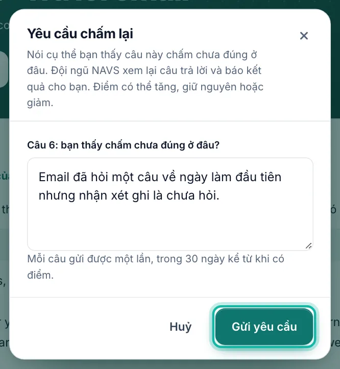 Hộp Yêu cầu chấm lại, nút Gửi yêu cầu được khoanh