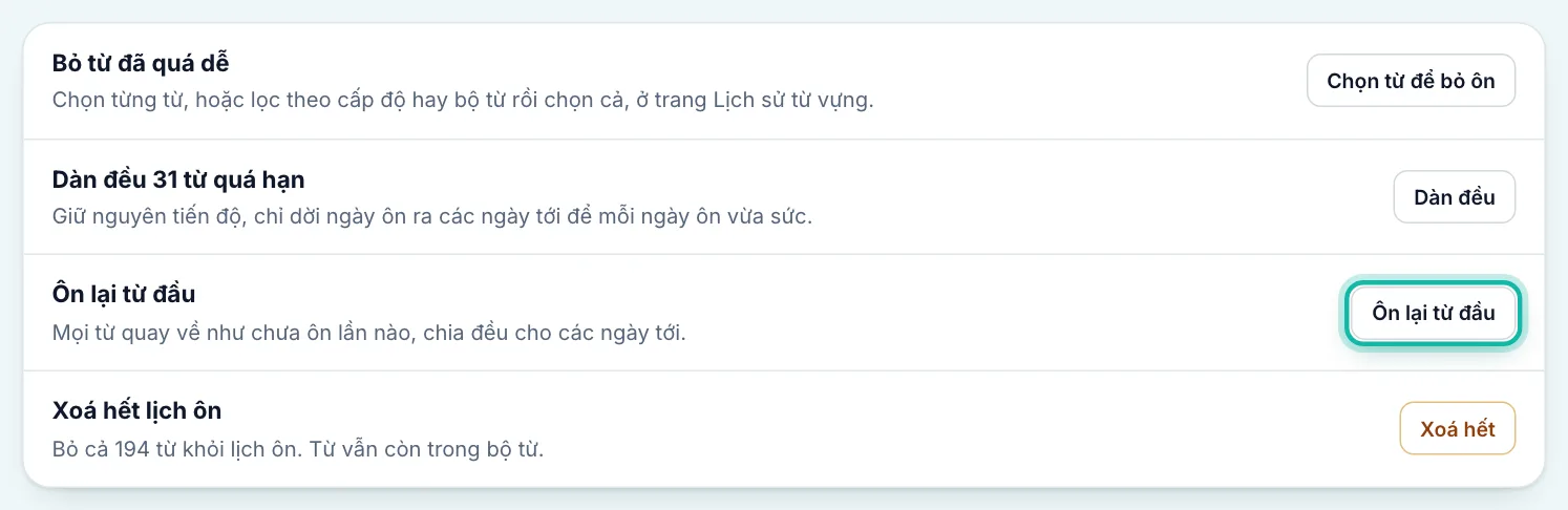 Khung Quản lý lịch ôn, nút Ôn lại từ đầu được khoanh