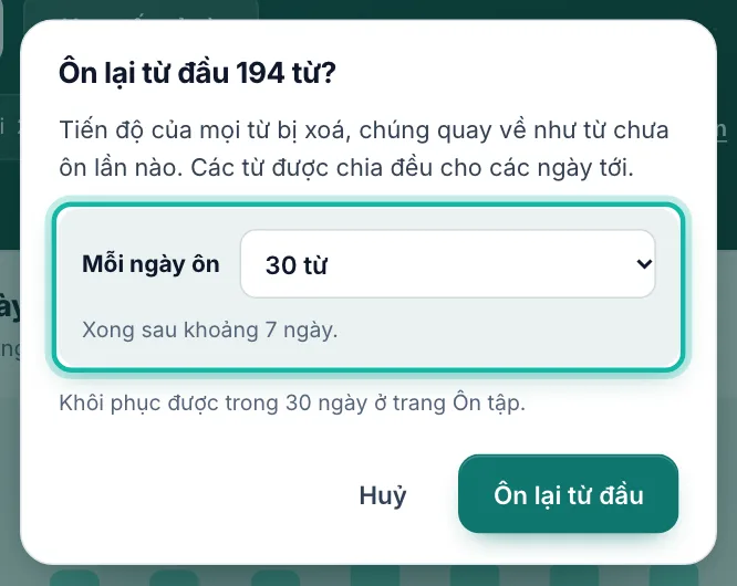 Hộp hỏi lại, ô Mỗi ngày ôn được khoanh