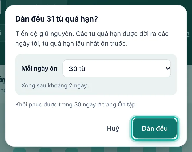 Hộp hỏi lại, nút Dàn đều được khoanh