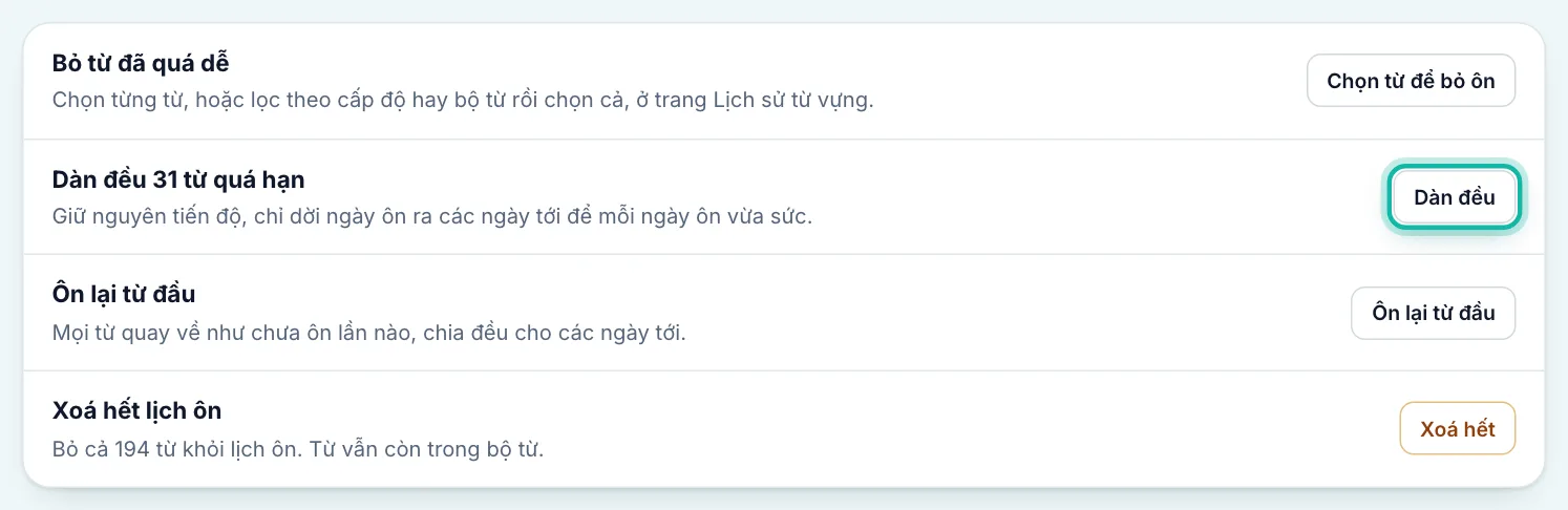 Dòng Dàn đều từ quá hạn, nút Dàn đều được khoanh
