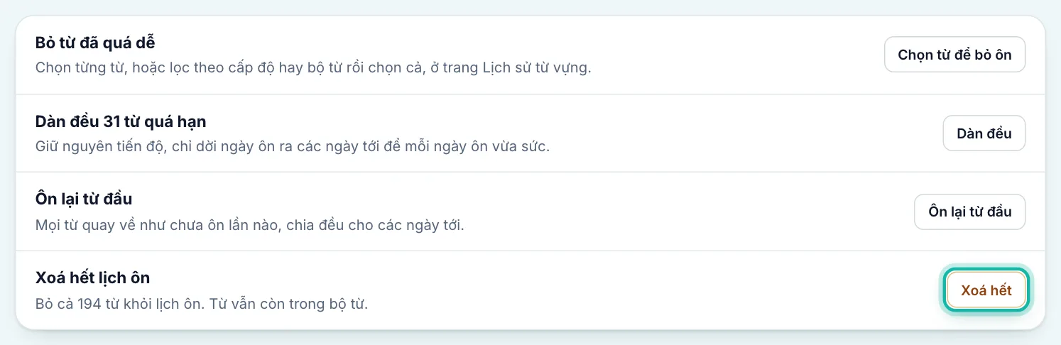 Dòng Xoá hết lịch ôn, nút Xoá hết được khoanh