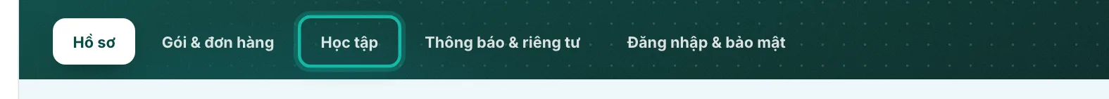 Hàng mục của trang Tài khoản, mục Học tập được khoanh