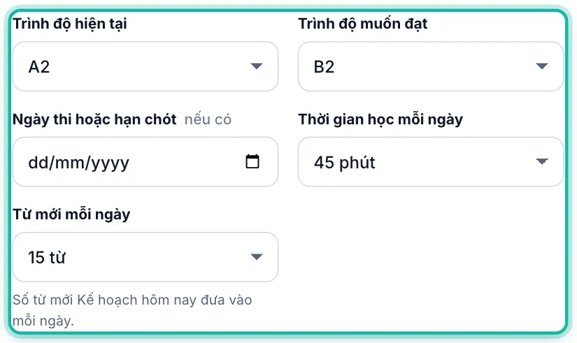 Các ô trình độ, ngày thi, thời gian học và từ mới mỗi ngày được khoanh