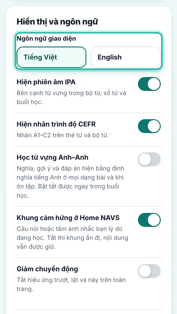 Phần Ngôn ngữ giao diện trong khung Hiển thị và ngôn ngữ được khoanh