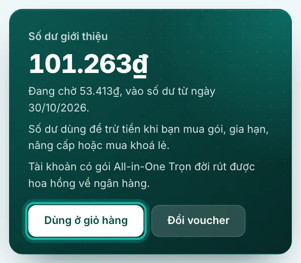 Khung Số dư giới thiệu, nút Dùng ở giỏ hàng được khoanh