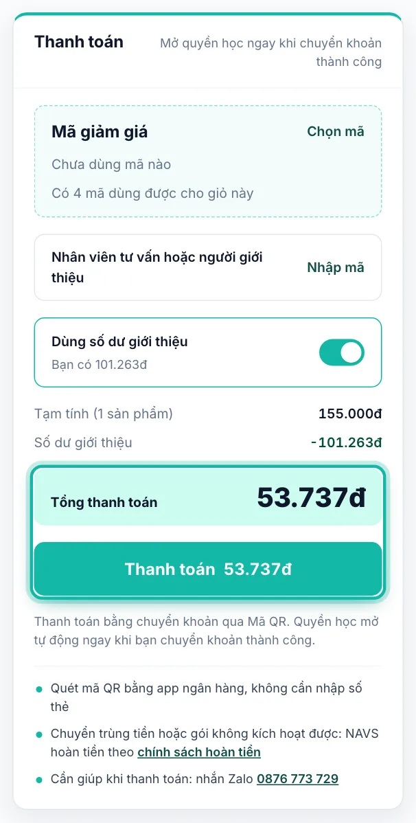 Dòng Tổng thanh toán và nút Thanh toán được khoanh