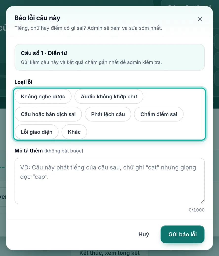 Hộp báo lỗi câu, danh sách loại lỗi được khoanh