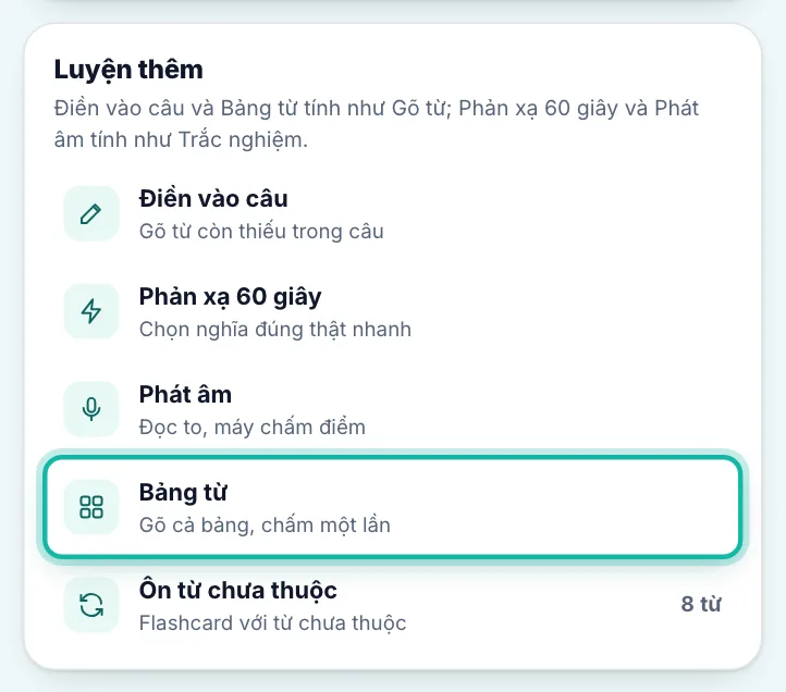 Phần Luyện thêm, dòng Bảng từ được khoanh