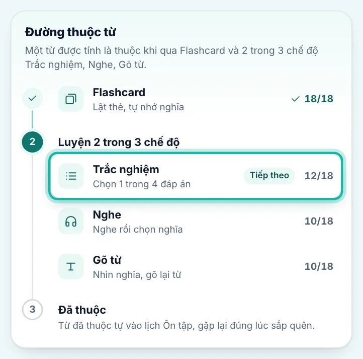 Phần Đường thuộc từ, chế độ có nhãn Tiếp theo được khoanh