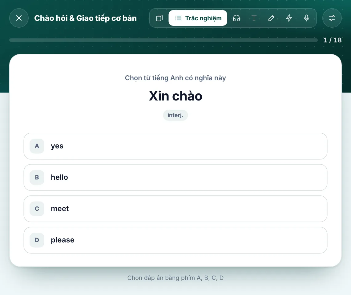 Chế độ Trắc nghiệm, nghĩa tiếng Việt ở giữa và bốn đáp án bên dưới