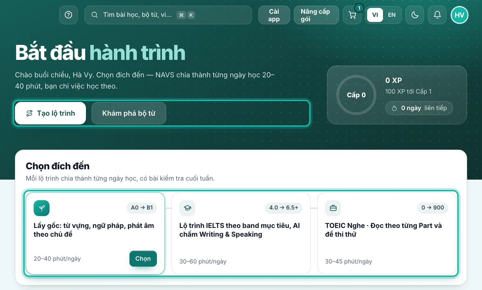 Home NAVS của tài khoản mới, nút Tạo lộ trình, Khám phá bộ từ và các đích đến được khoanh