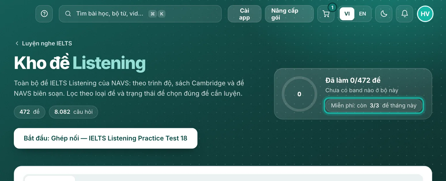 Kho đề Listening, dòng số đề miễn phí còn lại được khoanh