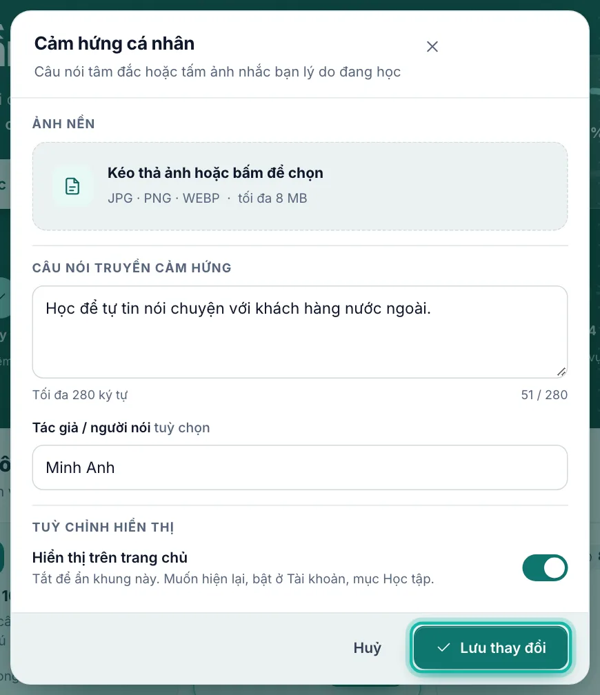 Hộp Cảm hứng cá nhân đã gõ câu nói, nút Lưu thay đổi được khoanh