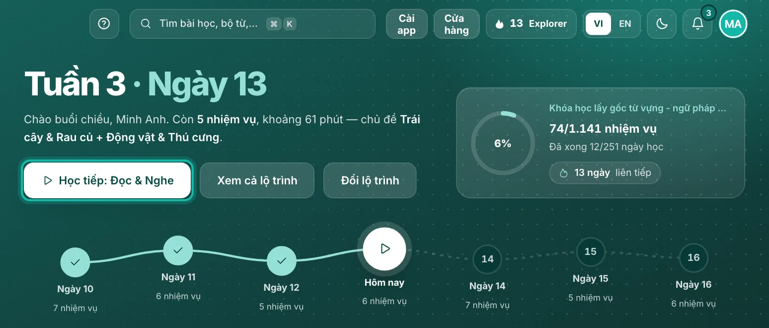 Phần đầu Home NAVS, nút Học tiếp được khoanh