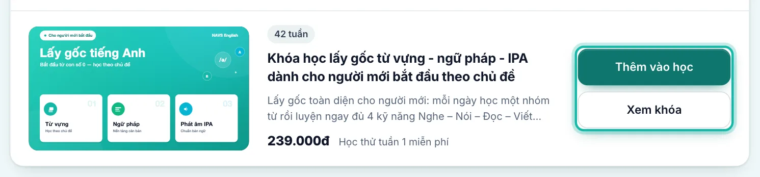 Khung khoá lấy gốc trong trang chọn lộ trình, nút Thêm vào học được khoanh