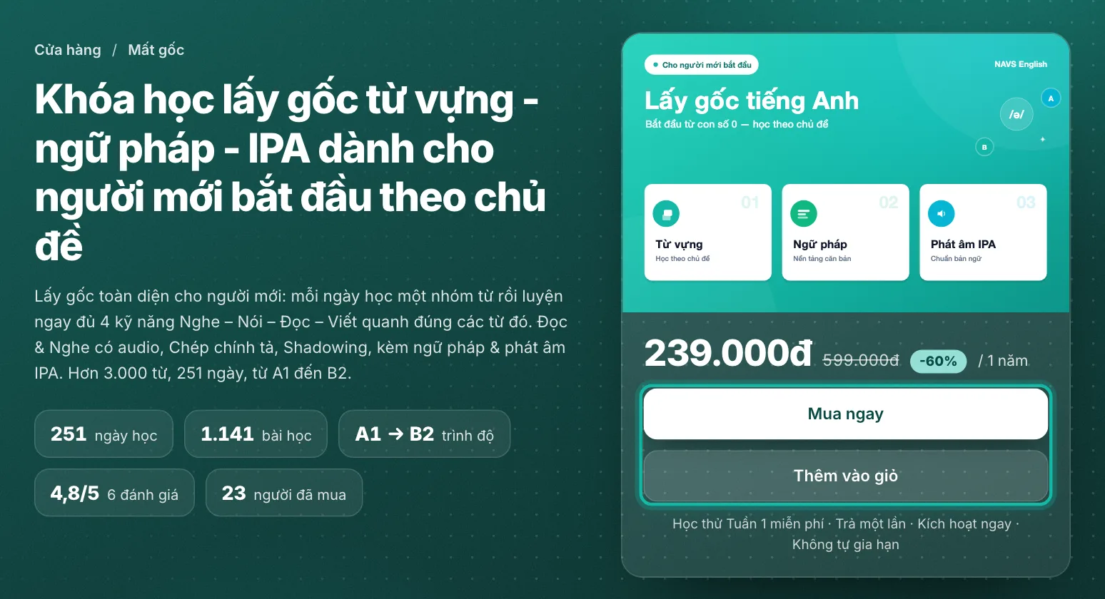 Trang khoá học, nút Mua ngay và Thêm vào giỏ được khoanh