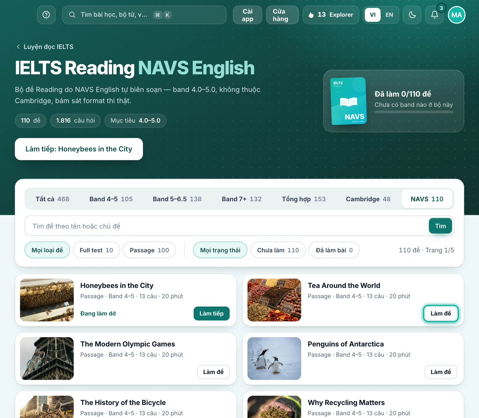 Kho đề Reading, nút Làm đề của một đề được khoanh