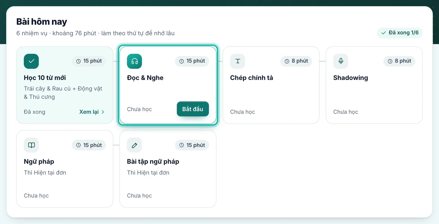 Khung Bài hôm nay, nhiệm vụ tiếp theo với nút Bắt đầu được khoanh