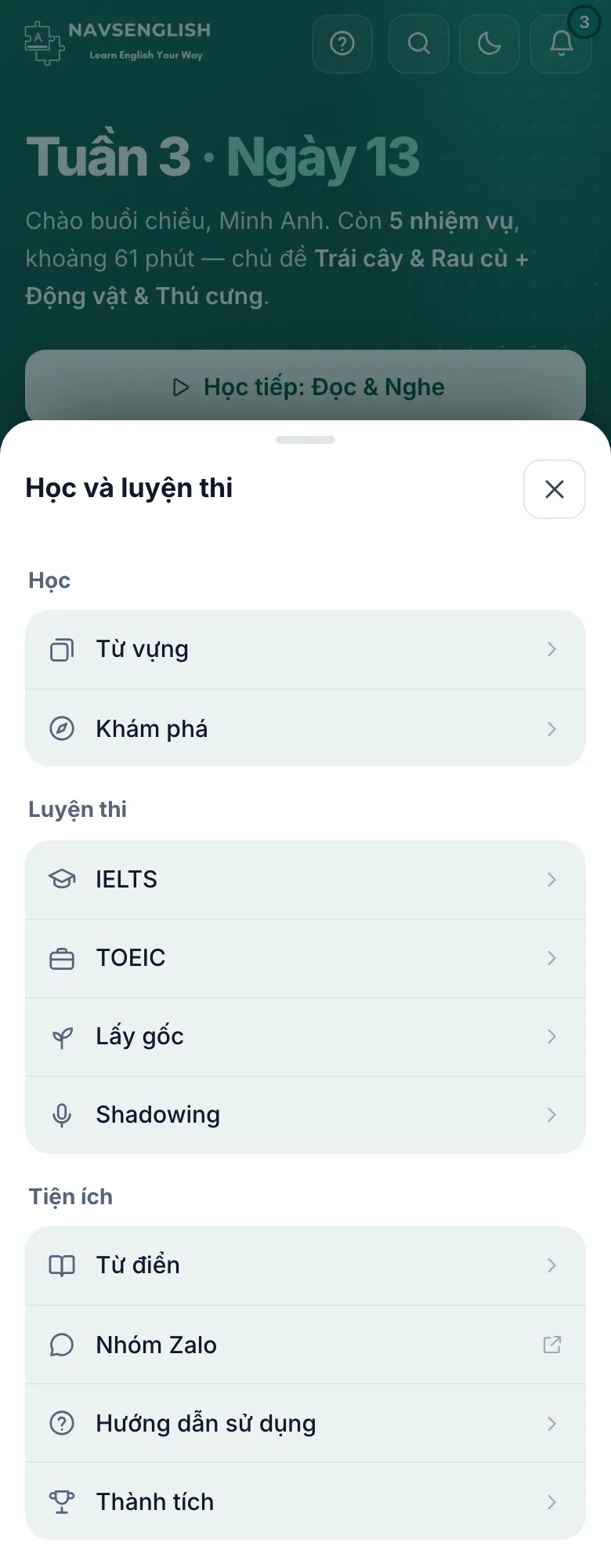 Danh sách các khu học mở ra khi bấm nút Học