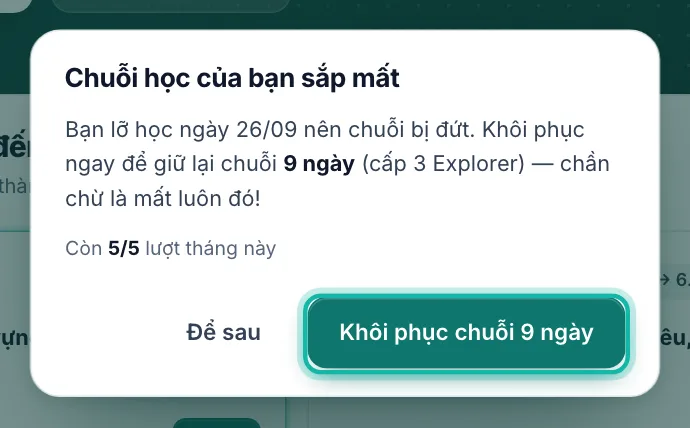 Hộp Chuỗi học của bạn sắp mất, nút Khôi phục chuỗi được khoanh