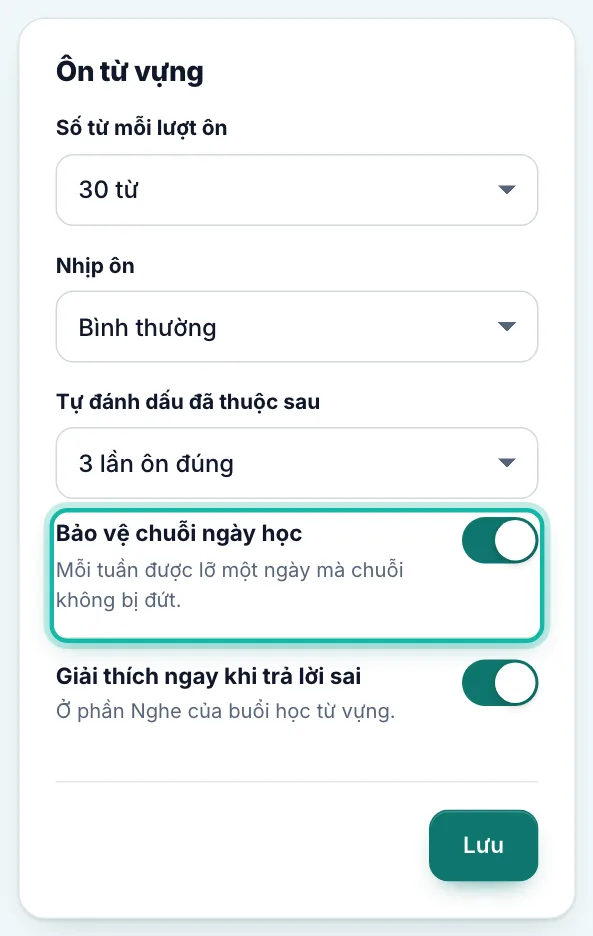 Khung Ôn từ vựng, công tắc Bảo vệ chuỗi ngày học được khoanh
