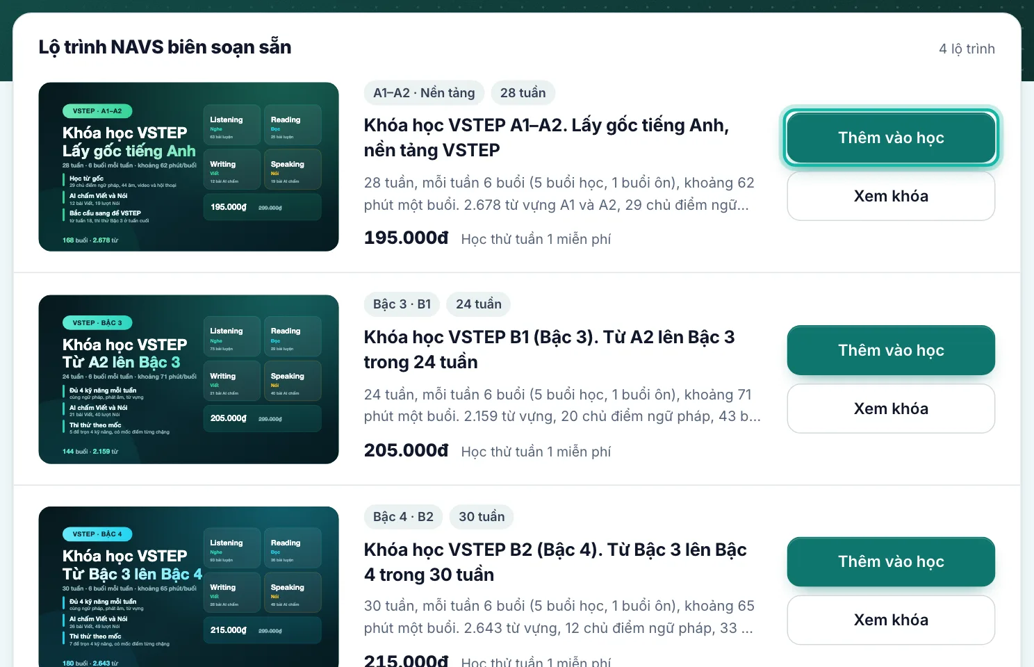 Danh sách lộ trình VSTEP, nút Thêm vào học của lộ trình đầu tiên được khoanh
