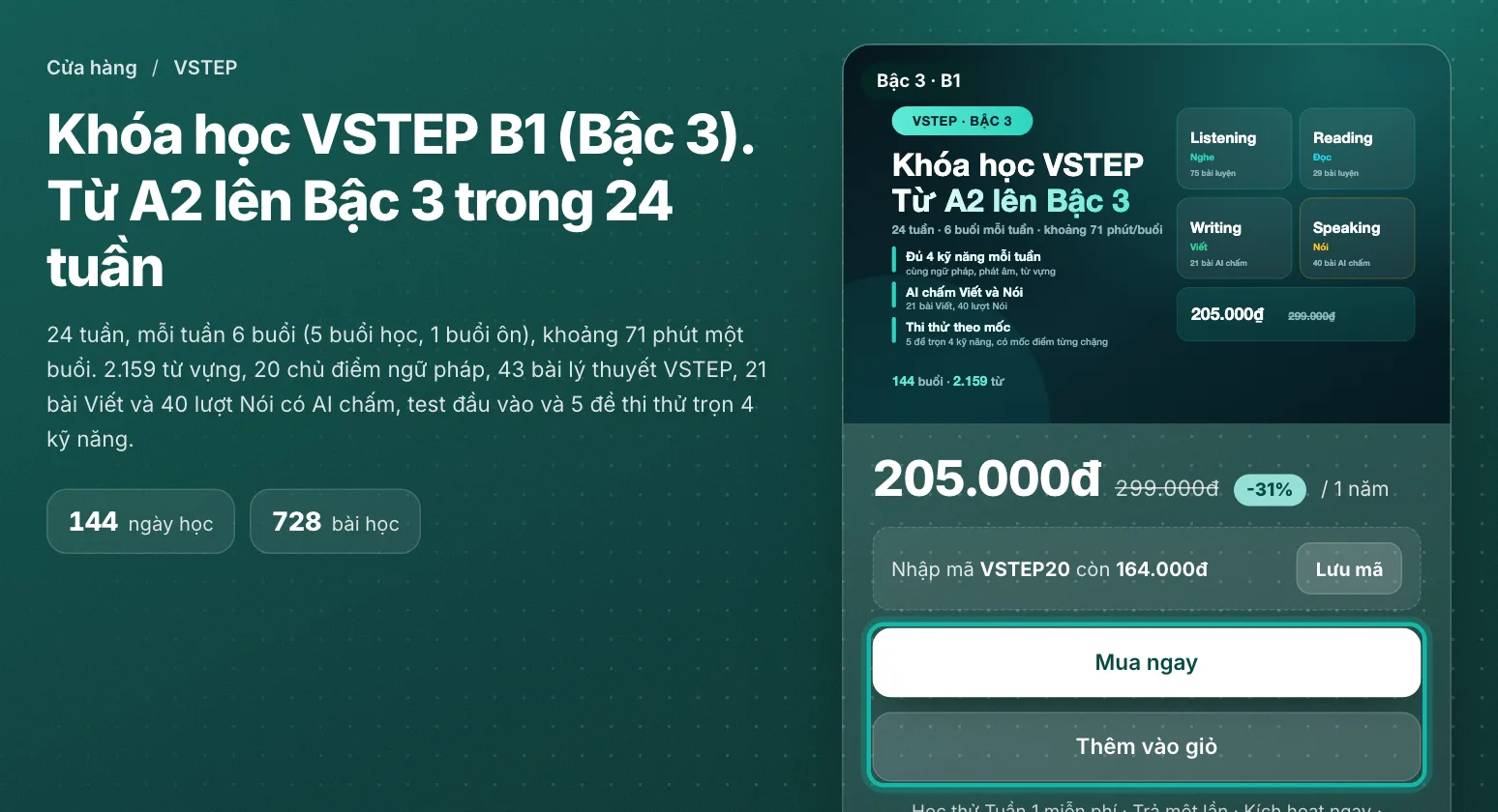 Trang khoá học lộ trình VSTEP Bậc 3, nút Mua ngay và Thêm vào giỏ được khoanh