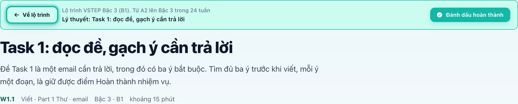 Thanh lộ trình ở đầu trang bài lý thuyết, nút Về lộ trình được khoanh