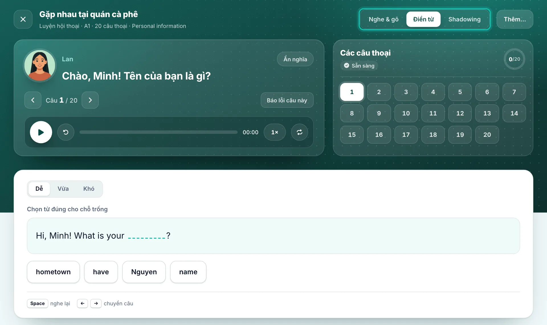 Bài hội thoại ở chế độ Điền từ, thanh chế độ được khoanh