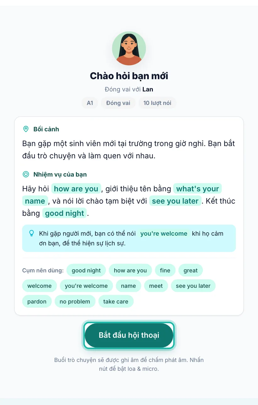 Màn chuẩn bị đóng vai, nút Bắt đầu hội thoại được khoanh