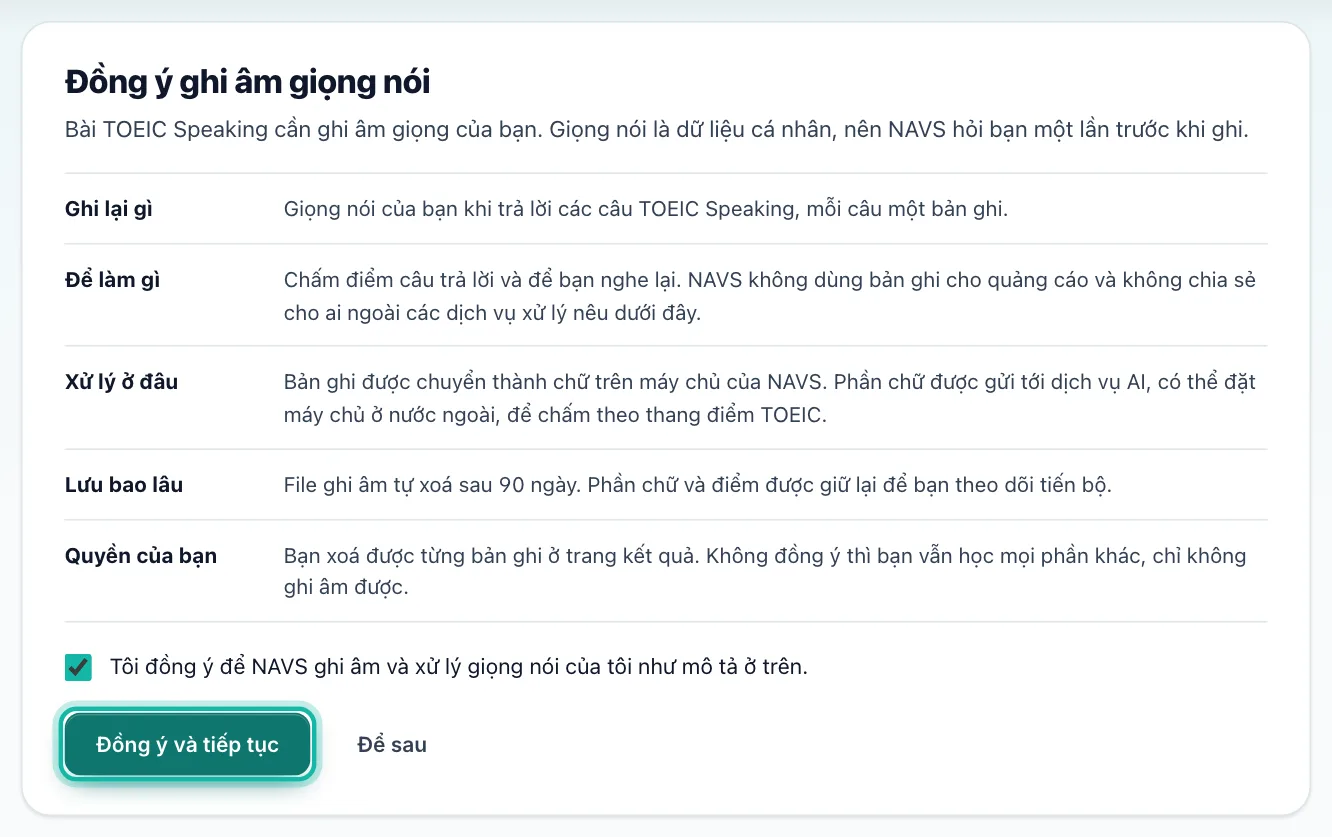 Hộp Đồng ý ghi âm giọng nói, nút Đồng ý và tiếp tục được khoanh